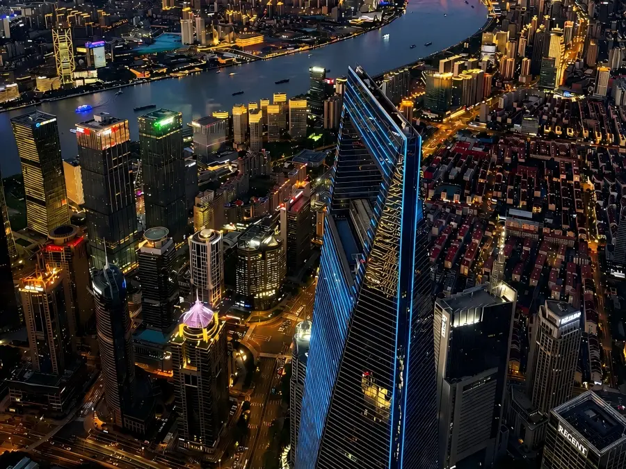 Shanghai World Financial Center Night Aerial View