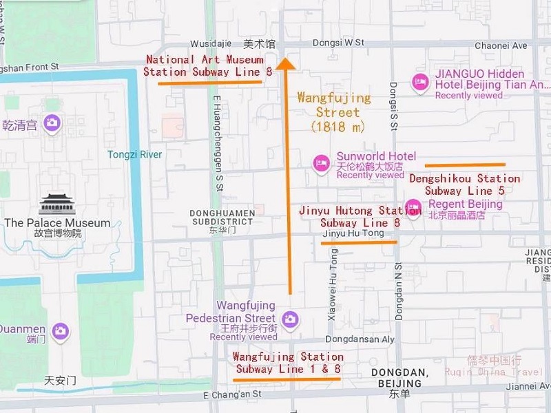 Map of Wangfujing area with metro stations
