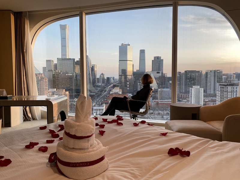 High?end hotel room overlooking Beijing central business district