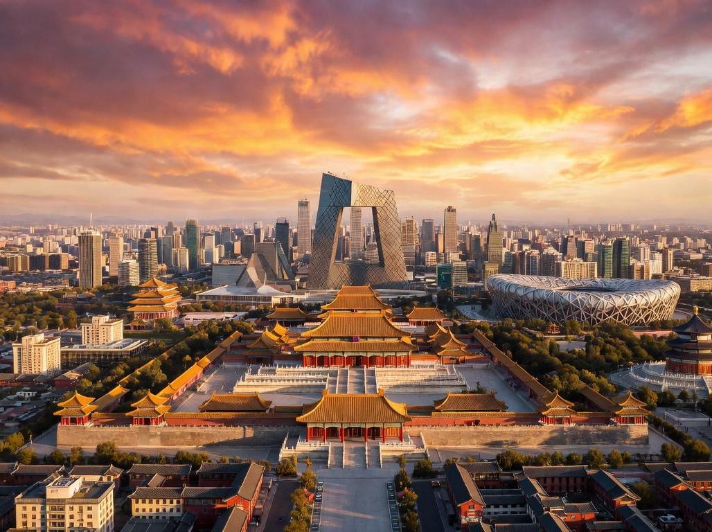 Aerial view of Beijing combining old imperial buildings and modern skyscrapers