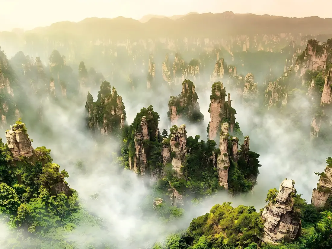Zhangjiajie mountain peaks in mist