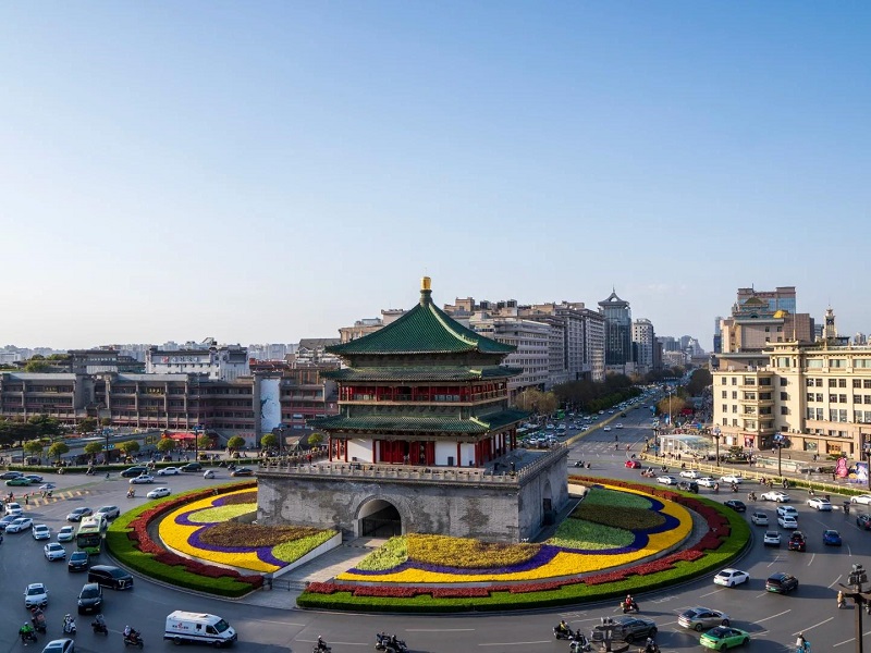 Xi'an Bell Tower aerial view at roundabout