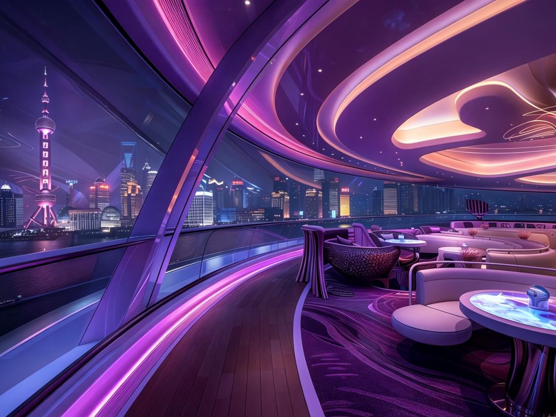Futuristic luxurious interior of Huangpu River cruise ship Futuristic luxurious interior of Huangpu River cruise ship