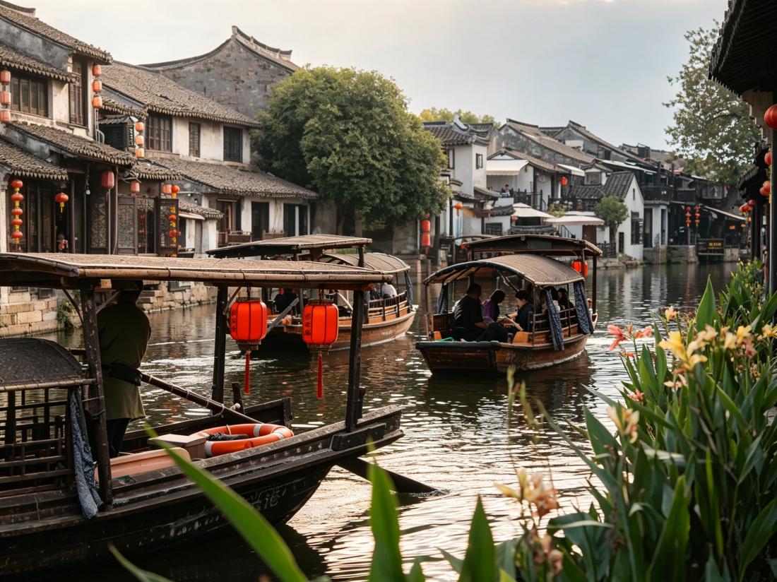 Lively Wuzhen water town daytime view