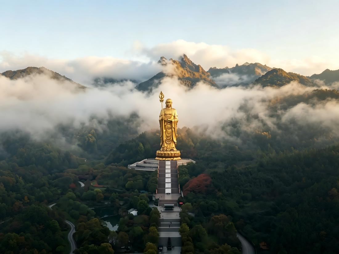 View of the golden Di Buddha statue surrounded by clouds and forest in Jiuhuashan
