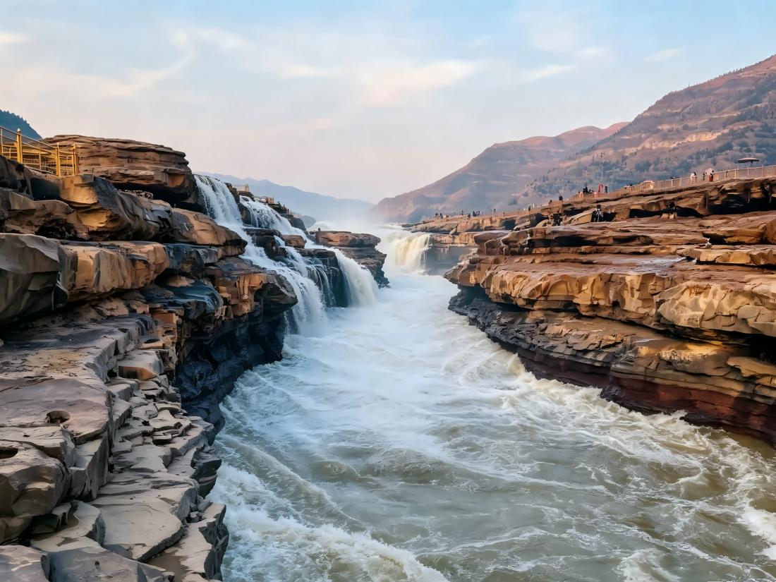 Hukou Waterfall with rushing yellow river water